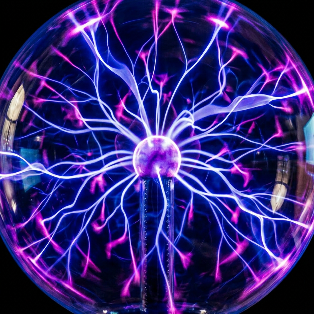 Interactive plasma globe with electric filaments Plasma globe with blue and pink electric filaments on metal base