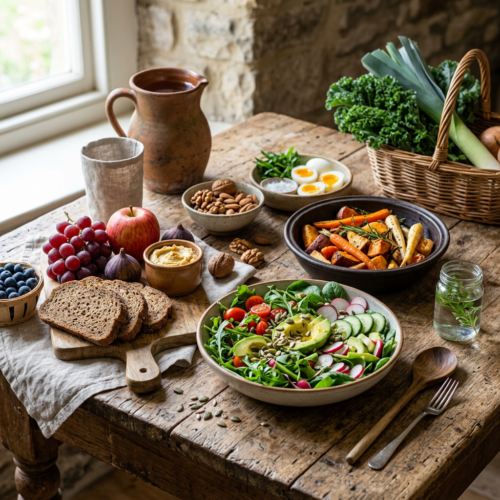 Fresh salad with avocado, roasted vegetables, boiled eggs, whole grain bread, fruits, and nuts on a wooden table